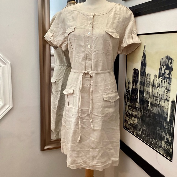 Orvis Dresses & Skirts - NWT tie waist Orvis tan linen button front dress size 20